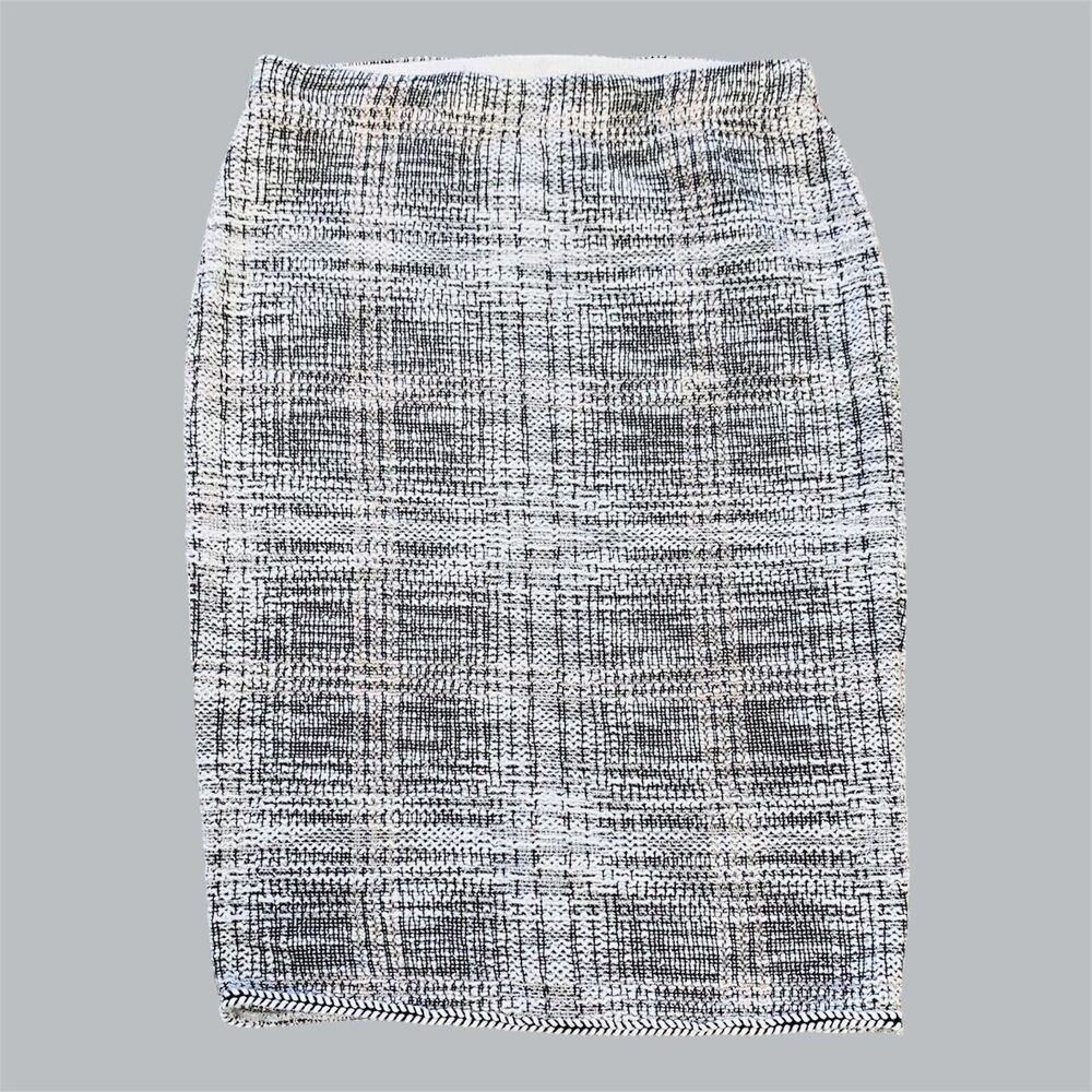 Max Studio Pencil Skirt M‎ Textured Tweed Black/Cream Stretch Knit Elastic Waist